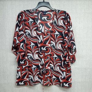 Chaps Sheer Red, Navy, White Abstract Pattern Blouse